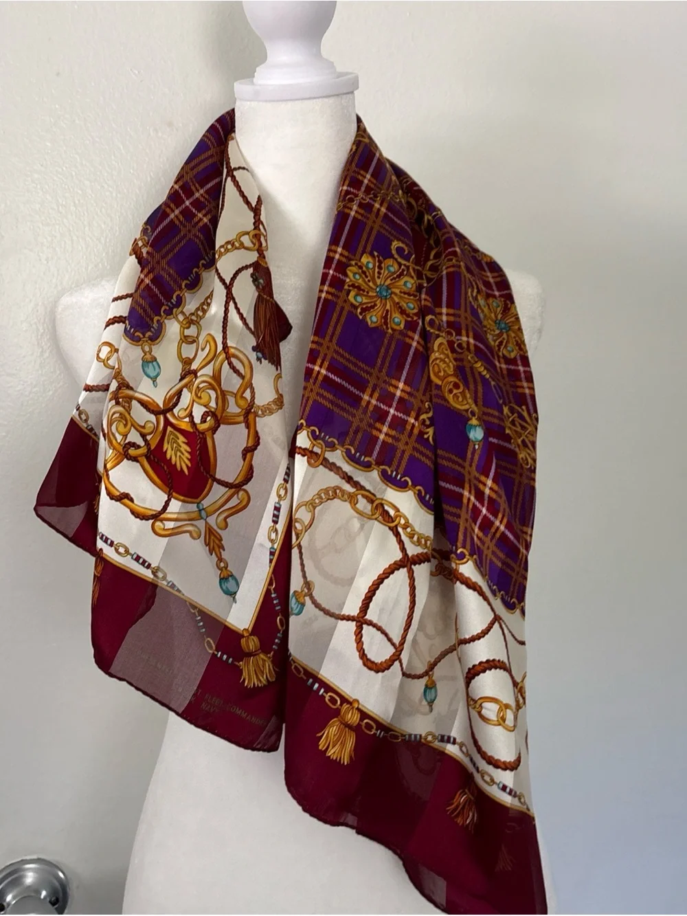 Vtg Dong-A Silk Sales Co Korea Scarf Purple Plaid Jewel Chain Tassel 34” Square